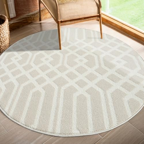 payé Teppich Wohnzimmer Rund Kurzflor Beige 160x160cm Ornament Vintage mit Hoch-Tief-Effekt, 3D Effekt, Weich