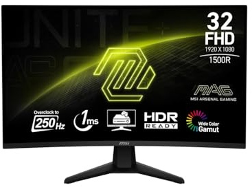 MSI MAG 32C6X 31.5-inch 1920 x 1080 (FHD) Computer Monitor, 250Hz, Adaptive-Sync, HDR Ready, HDMI, VGA Port, Display Port,VESA Mountable, Tilt, Speaker, 1ms, Black