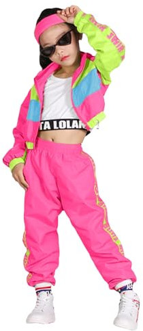 LOLANTA 3 pezzi vestiti hip hop per ragazze, tuta colorblock retrò anni '80, canotta corta, giacca con cerniera, pantaloni jogger, Rosa brillante, 5-6 anni, 120