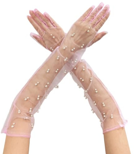 AWOCAN Guanti lunghi da donna in tulle a rete di perle guanti trasparenti da sposa guanti da sposa guanti da ballo anni '20 guanti lunghi da festa lirica, rosa, L