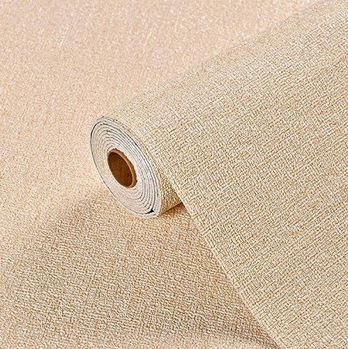 Papier peint autocollant 3D beige motif lin imperméable et insonorisant, papier peint épais en relief de couleur unie