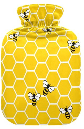 Wärmflasche mit Bezug, Waben, süße Biene, 1 l, auslaufsicher, Wärmbeutel für Handfußwärmer, Nacken, Schulter, Rücken, Muskelschmerzlinderung, Kältekompresse