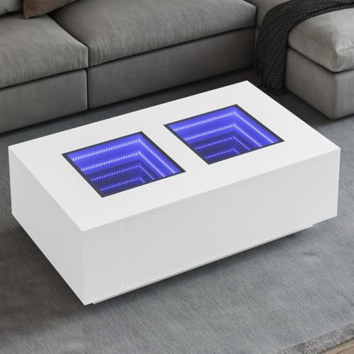 Myheimly LED Couchtisch, Beistelltisch mit LED-Infinity-Spiegel, Kaffeetisch Sofatisch für Wohnzimmer, Wohnzimmertisch,Holzwerkstoff Couchtisch Weiß,116 x 69 x 40 cm
