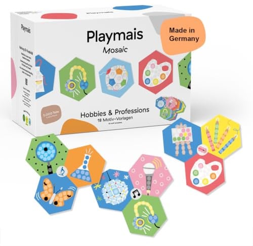 Playmais Mosaic Hobbies & Professions | 5000 Teile | Bastelset | natürliches Spielzeug | inkl. Schwämmchen, 18 Motiv-Vorlagen | vegan, verantwortungsvoll & sicher | ab 3 Jahren