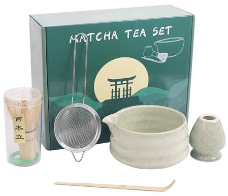 We Make Hope Matcha Whisk Set, 5 Stück,Matcha-Schale mit Ausgießer und Schneebesen, Matcha-Schaufel | Matcha-Schneebesen-Ständer (Chasen-Halter), Klassisches Grün