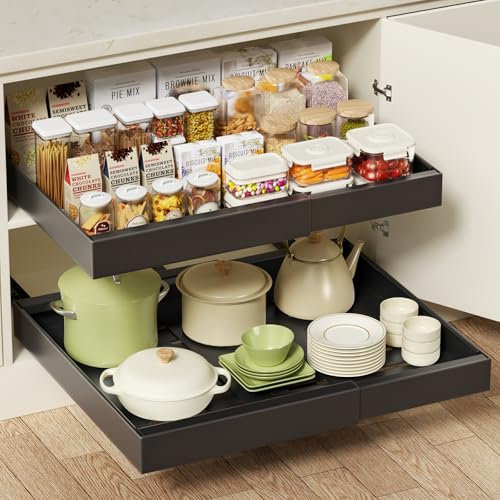 2Pack Teleskopschublade, Ausziehbarer Schrank Organizer mit Einstellbarer Breite (32-53 cm), Hochwertiger Kohlenstoffstahl, Ausziehbare schublade küche für Schrank & Pantry(Schwarz)