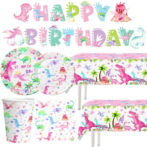pink dinosaur birthday paper plates napkins cups banner tablecloth for girls 1st 2nd 3rd birthday
