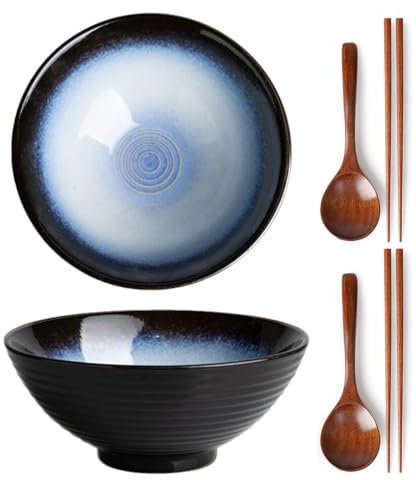 MYKAGS 2 Pcs Noodle Bowls with Chopsticks and Spoons, 8 Inch Ceramic Ramen Bowl, 40oz Japanese Noodle Udon Soup Bowl (Moon Blue)