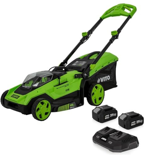 VITO – Cortacésped inalámbrico 40 V Céspedes hasta 600 m2 – 2 baterías de litio 3,0 Ah – Cargador doble – Motor sin escobillas