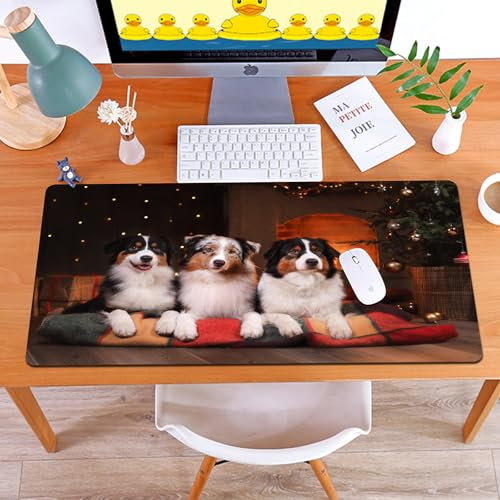 MYAUEYSU Alfombrilla de ratón para 40x75 cm,Hoja, Raza de Perro Pastor Australiano Feliz año Nuevo Navidad,Grande,con Base de Goma y Bordes cosidos,Alfombrilla para,PC,portátil,Escritorio