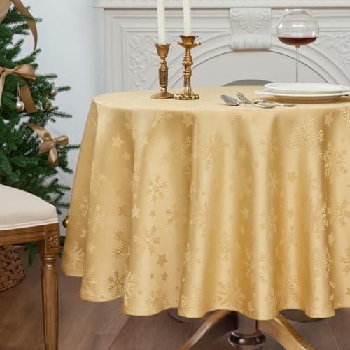 Romanstile Weihnachten Tischdecke rund 180 cm Gold abwaschbar & wasserabweisend,Jacquard Schneeflocke & Sterne,Tischtuch rund für Party,Christmas,Fest,Xmas,Geschenkidee