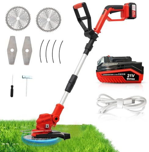 OUTIGO Cortacésped inalámbrico, batería de 21 V (4 Ah), 4 Cuchillas, Mango telescópico Ajustable, desbrozadora de batería para jardinería