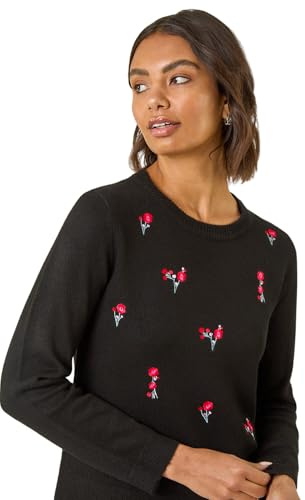 Roman Originals Women Embroidered Embellished Jumper - Ladies Round Neck Long Length Pretty Smart Casual Workwear Office Knitwear Sweatshirt Pullover