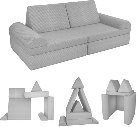 POKAR Kindersofa | Spielsofa Cord aus Schaumstoff Bausteinen | Modulares Spielsofa für Kinder | Kuschelecke im Kinderzimmer Kindercouch | Oeko-Tex 100 Zertifiziert | Kaninchen Grau