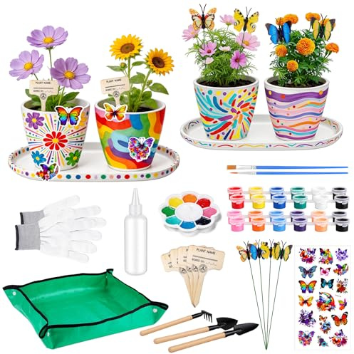 Hysagtek Blumentopf zum Bemalen - Malen und Pflanzen Set | mit 4 Töpfen, Pflanzset Bemalen DIY Enthält Pinsel, Farben, Pflanzwerkzeuge, Kreatives Geschenk für Geburtstag Muttertag