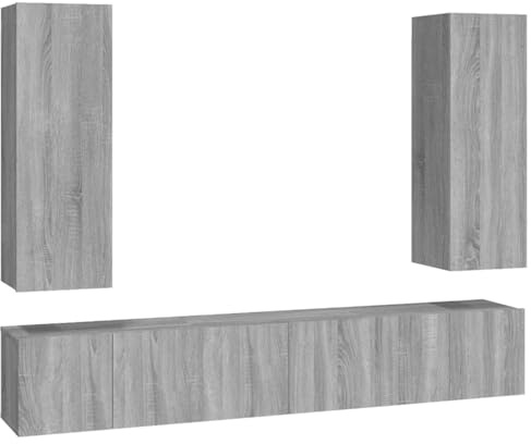 Gecheer Engineered Wood TV Cabinet Set - Wall-Mountable, Grey Sonoma, 3+2 Units, 60x30x30 cm & 30.5x30x90 cm Model3120210