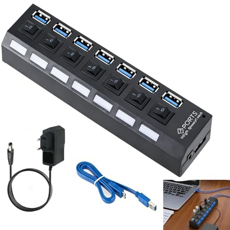 Hub USB 7 Ports avec Interrupteurs, Hub USB 3.0 et 2.0, Répartiteur USB avec Connecteurs LED, Compatible avec PC, Ordinateurs Portables, Téléphones, Disques Durs, Claviers, Imprimantes, et Plus