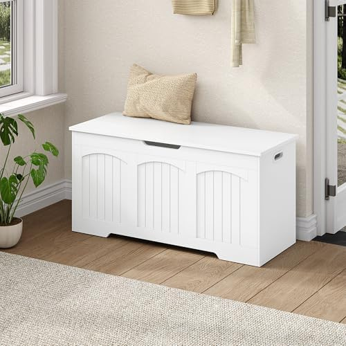 Fobyfurny Storage Chest, Wooden Storage Box, 100 x 40 x 48 cm, White | Large Capacity, Security Hinges, Hollow out Side Handles, for Entryway, Bedroom, Living Room, FFXD103PW1