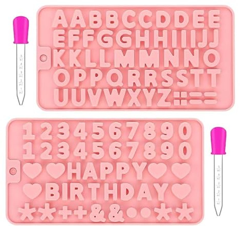 RAHHLIZS 2 Stück Silikonform Buchstaben und Zahlen Alphabet Schokoladenform | Silikonformen Gießformen Zahlen Backform Letter Silicone Mold mit 2Liquid Dropper für Kuchen Keks Schokolade SüßIgkeiten Rosa