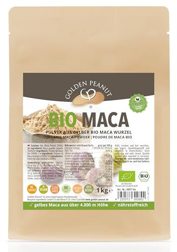 GOLDEN PEANUT Maca Pulver 1 kg, Bio Maca aus Peru, abgefüllt in Deutschland, Rohkost ohne Zusätze, Lepidium meyenii, gelbe Macawurzel