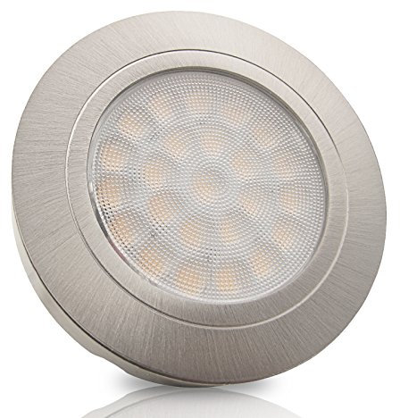 trendlights24 Lucca LED Möbel Einbaustrahler Edelstahl Optik rund 2W 12V DC Warmweiß, 200lm flach 10mm, 2m Zuleitung + Mini AMP-Stecker, ohne Trafo