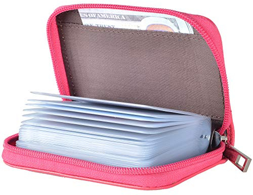 Easyoulife Genuine Leather Credit Card Holder Zipper Wallet With 26 Card Slots, Rose, S