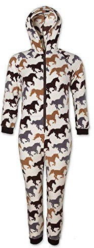 Camille Childrens Super Soft Fleece Onesie - Hooded All In One - Long Sleeved and Full Length with Elasticated Cuffs and Ankles Cream Horse Print 6-8 Years