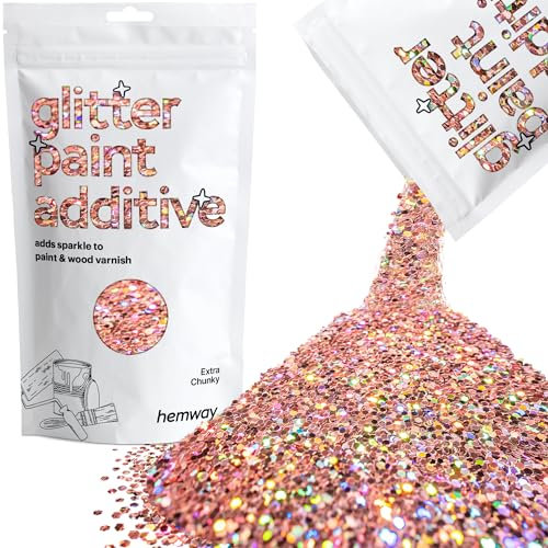 Hemway Glitter Paint Additive - Rose Gold Holographic | Extra Chunky Metallic Flakes for Adding Sparkle to Paints & Wood Varnish | Add to Emulsion, Acrylic & Latex for Indoor Sparkly Walls | 100 g
