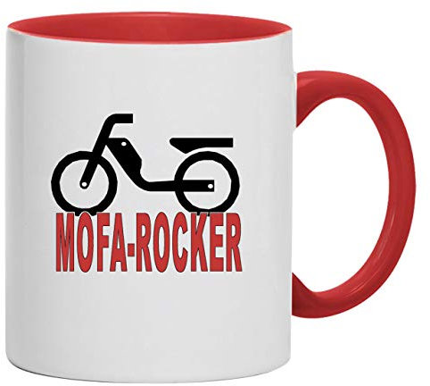 Mofa-Rocker Tasse Kaffeebecher Keramik, 330 ml Inhalt | Weiß/Rot
