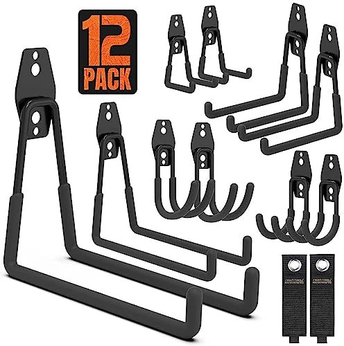Garage Hooks, 12 Pack Wall Storage Hooks with 2 Extension Cord Storage Straps, Heavy Duty Tool Hangers for Utility Organizer, Wall Mount Holders for Garden Lawn Tools, Ladders, Bike (Black)