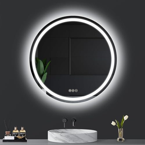 AI-LIGHTING 600mm Round Bathroom LED Mirror Illuminated Backlit Bathroom Circle Mirror with LED Lights for Wall Touch Switch Demister 3 LED Light Color Dimmable