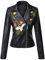 E-girl Damen Schwarz Kunstleder Motorrad Jacke Lederjacke Niet Stickerei Revers Kurz Mantel,P30086,XS