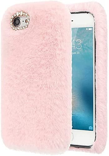 Awenroy for iPhone SE 2020 Case iPhone 8 / iPhone 7 Plush Case Flexible Silicon Soft Fluffy Furry Cute Case Shockproof Back Bumper Cover with Glitter Diamond Bowknot Case - Pink