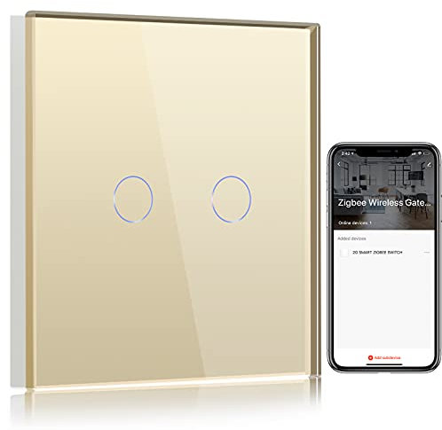 BSEED Smart ZigBee Lichtschalter, intelligenter Wandschalter Kompatibel mit Alexa und Google Home, 2 fach 1 Weg Unterputz Schalter mit Glaspanel 250V Golden (Hub erforderlich)