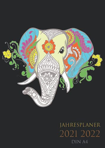 JAHRESPLANER 2021 2022 A4: Buchkalender vertikal mit der Zeit Großformat xl DIN A 4 / wochenplaner 21 - 22 , von Juni 2021 bis 2022 Juni, ... , Kalenderbuch , Elefant schwarz black cover