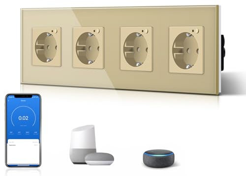 BSEED Enchufe Inteligente Con Cristal,WIFI Enchufes de pared Con Medidor de Energía,Control Remoto y Temporizador,Requiere Cable Neutro,4 Enchufe WiFi con Medición,299mm Oro