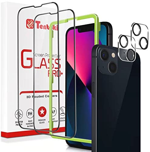 Tentoki [2+2 Packs Compatible for iPhone 13 Screen Protector 2021(6.1 inch) with Camera Lens Protector, 9H Hardness/Case Friendly/Tempered Glass with Easy Installation Frame…