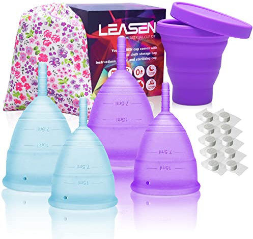 LEASEN Lot de 4 Coupes Menstruelle + 1 Tasse de Stérilisateur Menstruel + 1 Sac Menstruel + 10 Serviette de Nettoyage, Coupe Menstruelle en Silicone, jusqu'à 12 Heures de Confort