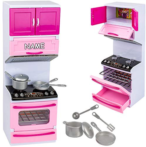 Puppenhaus Möbel - Sound & Licht - Modellwahl - 31 cm groß - Backofen + Herd - inkl. Name - mit Zubehör - Miniatur Puppenstube Küche - passend für alle gängig..
