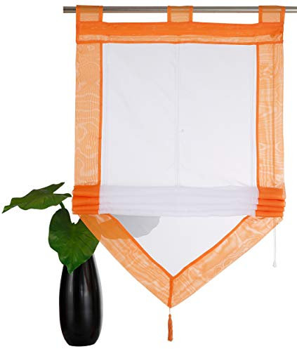 Devola Voile transparent Scheibengardinen mit zweifarbigen Design mit Quaste Fenster Gardinen Panneaux mit Tunnelzug Gardine HxB 140x60cm Orange 1er Pack