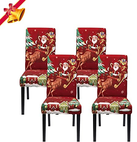 Jaotto Stuhlhussen Universal - 4er Set Stuhlhusse Stretch Schwingstühle Elastische Langlebig für Feiertagsdekoration Weihnachten (Rotwein/Xmas, 4 Stück)