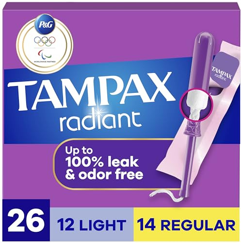 Tampax Radiant Tampons Multipack, with LeakGuard Braid, Light/Regular Absorbency, Unscented, 26 Count, Packaging May Vary
