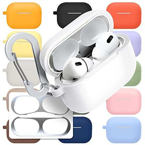 superdivision Silikon Hülle für AirPods Pro 2 (2022) Stoßfest Schutzhülle mit Karabiner Staubdichter Metallic-Aufkleber kabelloses Laden AirPods Pro 2 [Front-LED Sichtbar] (Cotton)