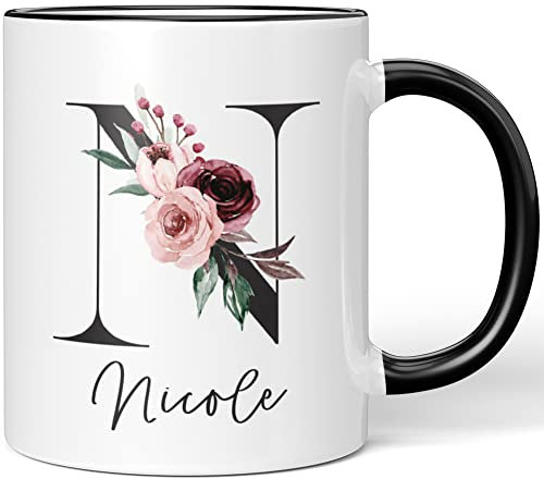 JUNIWORDS Tasse, Nicole, Name Anfangsbuchstabe Initial Alphabet Floral Buchstabe N Monogramm Motiv, Schwarz (5592629)