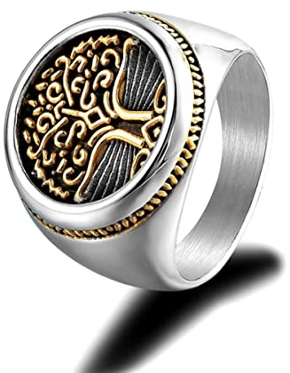 YAHOYA Punk Homme Arbre de Vie Symbole Anneaux Or Couleur Acier Inoxydable Mythologie Norse Amulette Chevalière Bague Retro Bijoux Accessoires Masculins