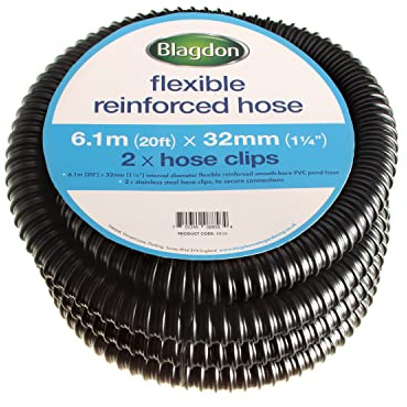 Blagdon Flexible Reinforced Pond Tubing, 6.1m (20ft) x 32mm (1 1/4”) Internal Diameter, Smooth-bore PVC Pond Tubing, Includes 2 Stainless Steel Hose Clamps, Tough and Strong Tubing