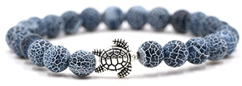 Armreif Damen, Bead Armband Damen Blau Magnesit Legierung Elastische Runde Natursteinperlen Schildkröte Perlenarmbänder Geschenk für Frauen