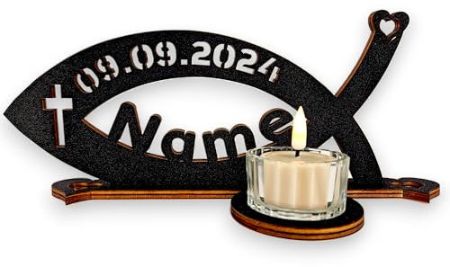 Waluna® Fisch Tauffisch mit Name Taufedeko Kommunion zur Taufe Deko Geschenk zur Konfirmation für Mädchen & Jungen Holzfisch (mit Name)