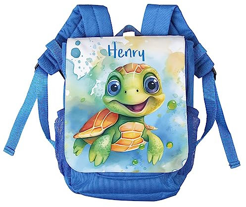 Striefchen® personalisierter Kinderrucksack mit niedlichen Tiermotiven in Aquacolor Optik Schildkröte, Blau
