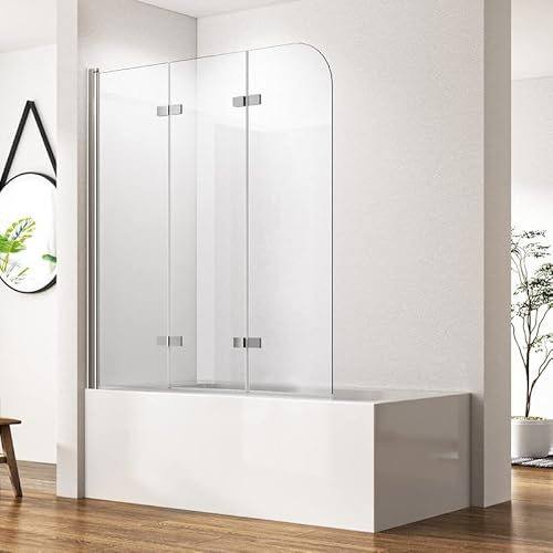 Goezes Duschwand für Badewanne 3-teilig 130x140cm Faltbar Duschtrennwand, Glas Duschabtrennung Badewannenaufsatz mit 6mm ESG Glas Nano beschichtung, 130cm Dreiteilige Glastrennwand